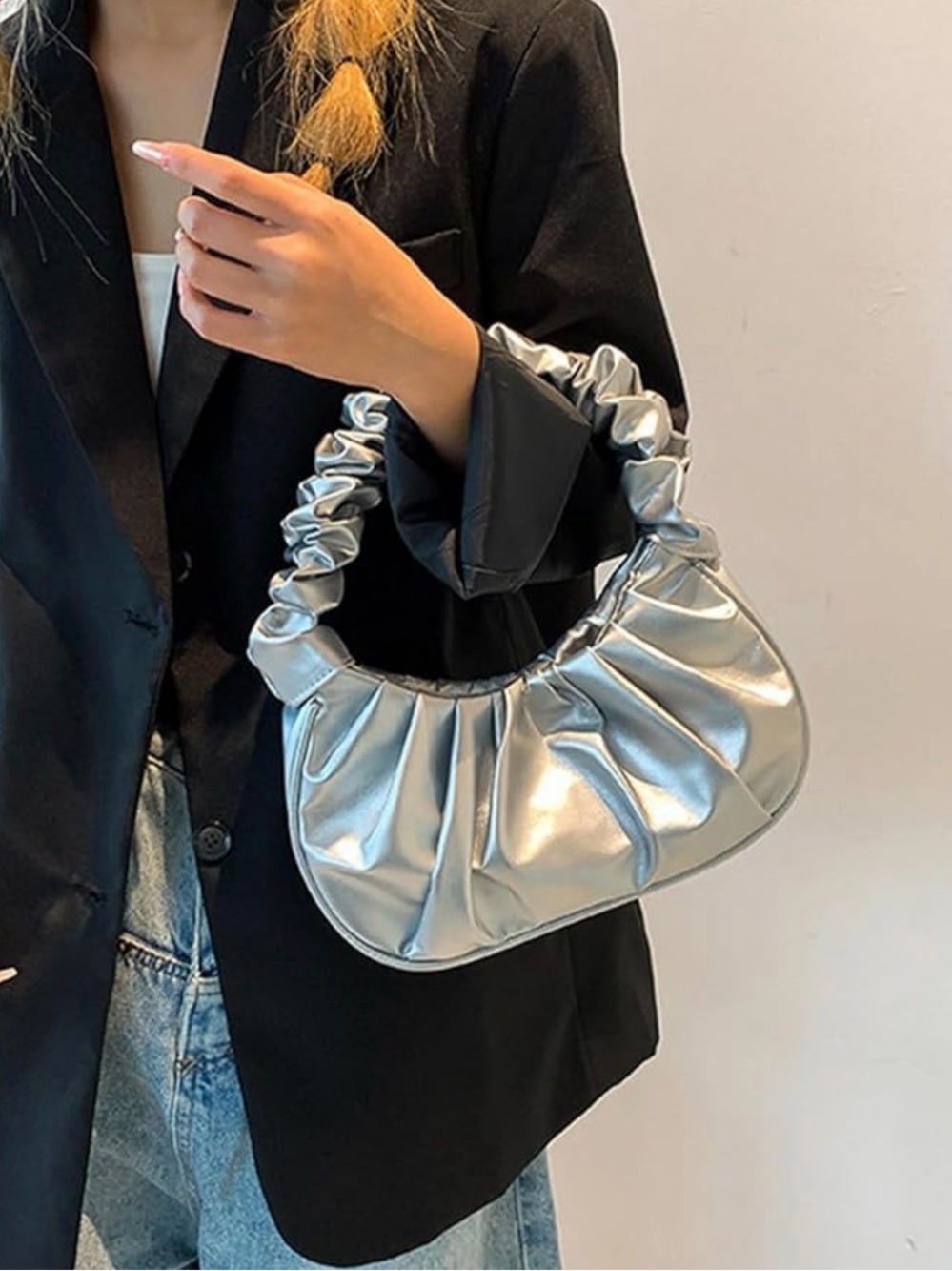 Silver Ruched Handle Shoulder Bag - Women's Fashion